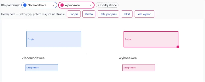 Pola podpisu i daty dla dwóch stron, zaznaczone kolorami na stronie umowy