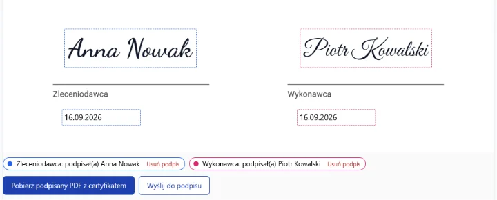 Podpisy obu stron w polach umowy i przyciski pobrania oraz wysyłki do podpisu