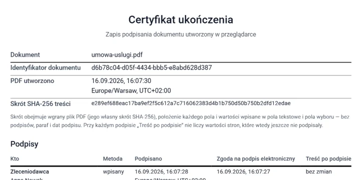 Karta podpisów dołączona na końcu podpisanego pliku PDF